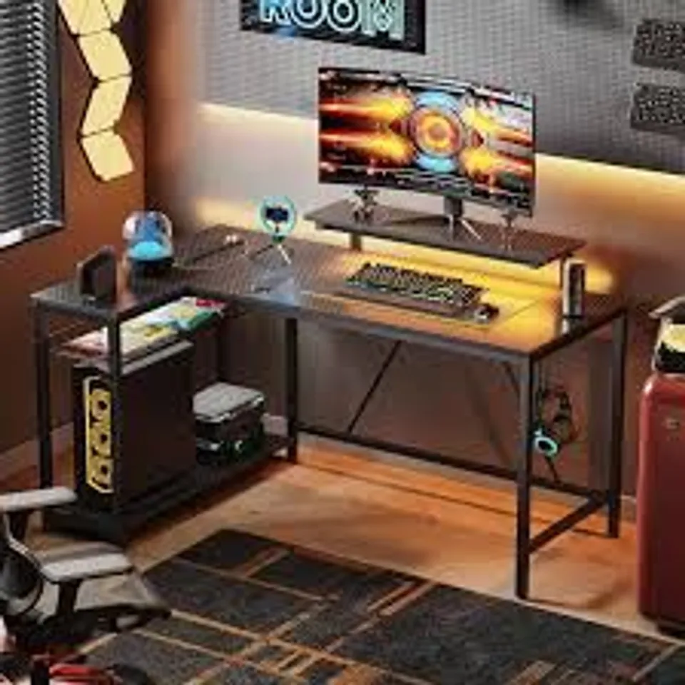 BOXED BESTIER 106.5cm L-SHAPED DESK WITH 3 POWER OUTLETS, 2 USB PORTS & LED STRIP LIGHTS - RUSTIC BROWN (1 BOX)