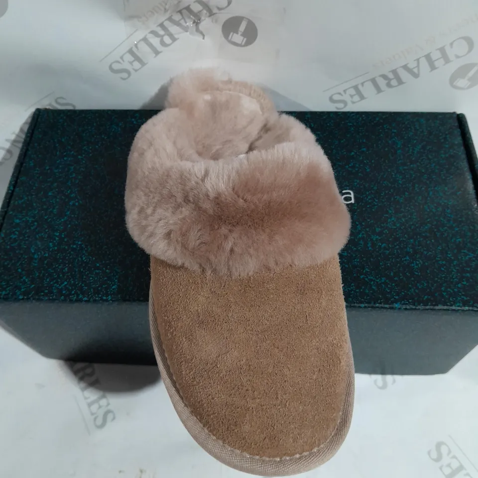 BOXED PAIR OF EMU NEST JOLIE SHEEPSKIN SLIPPERS IN CAMEL - SIZE 6