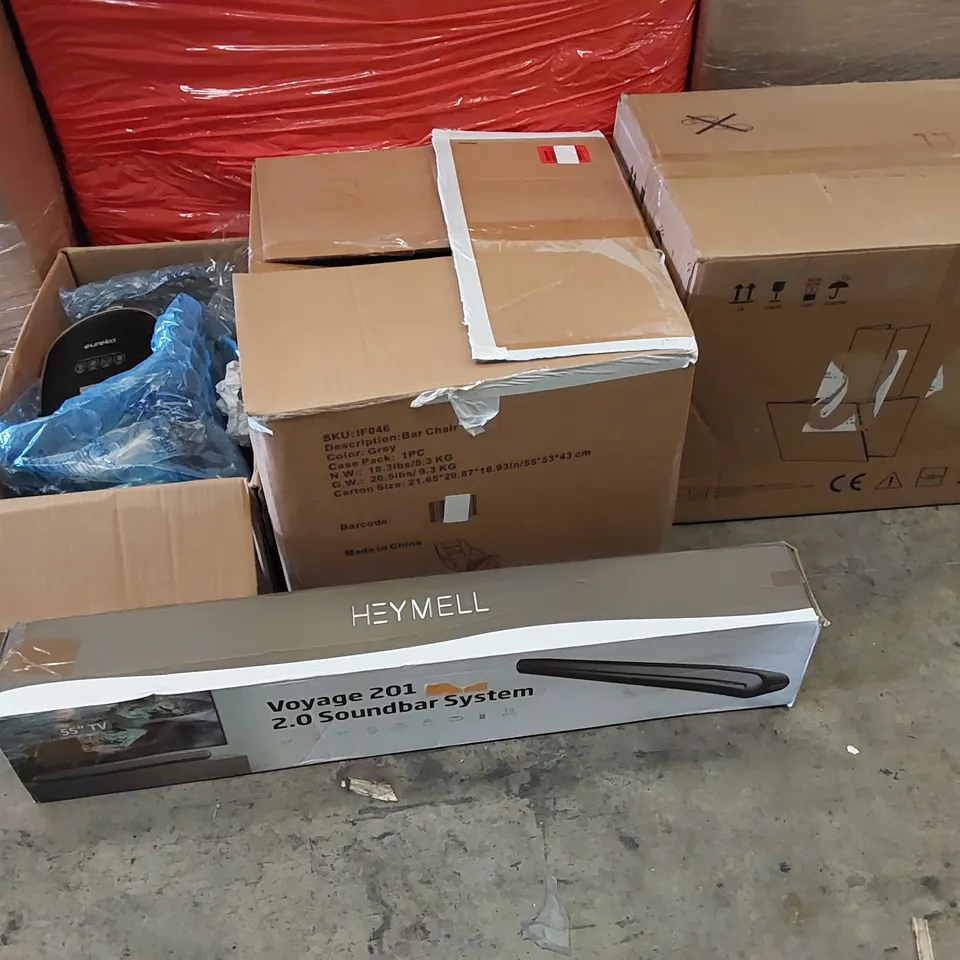 PALLET OF ASSORTED ITEMS INCLUDING: SOUNDBAR, VACUUM CLEANER, COOKER HOOD, BAR CHAIR
