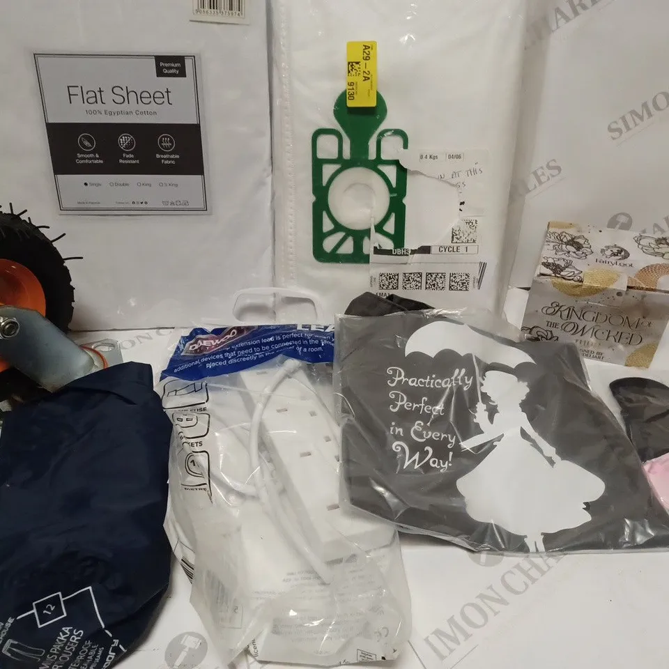 BOX OF APPROXIMATELY 15 ASSORTED HOUSEHOLD PRODUCTS TO INCLUDE COTTON FLAT SHEET, EXTENSION CABLE, MOUNTAIN WAREHOUSE WOMENS PAKKA OVER TROUSERS ETC 