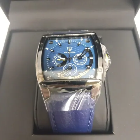 BOXED MENβS RUCKSTUHL R300 CHRONOGRAPH WATCH β BLUE MULTI FUNCTION DIAL β BLACK CASE -3ATM WATER RESISTANT β GENUINE LEATHER STRAP