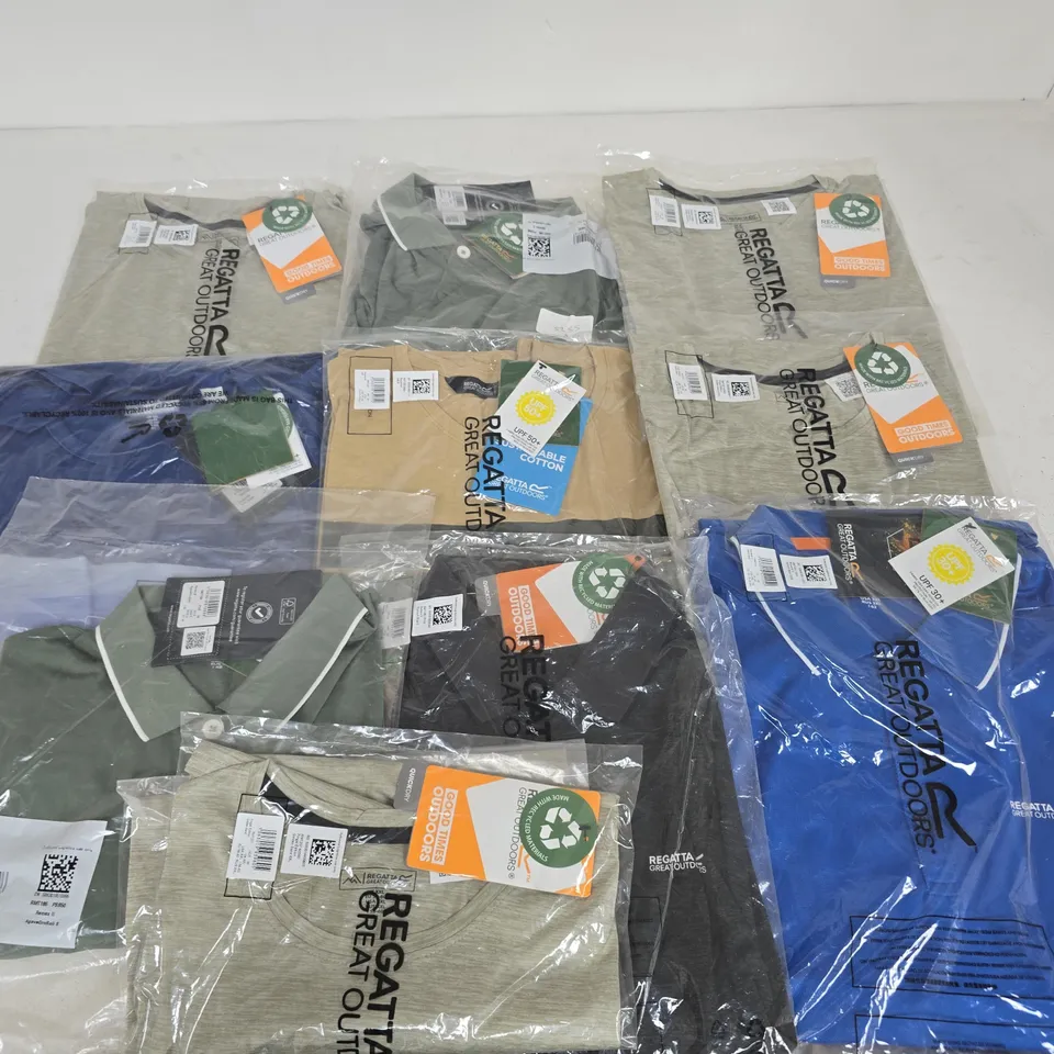LOT OF 10 ASSORTED BRAND NEW REGATTA T-SHIRTS & POLO SHIRTS IN VARIOUS STYLES, COLOURS AND SIZES