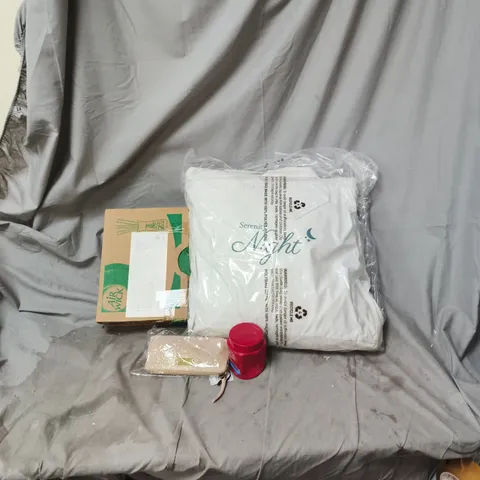 BOX OF APPROXIMATELY 15 ASSORTED ITEMS INCLUDING AIR WICK DIFFUSERS, PURSE, JEWELRY CLEANER AND PILLOW