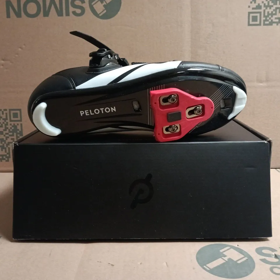 BOXED PAIR OF PELOTON CYCLING SHOES IN BLACK/WHITE/RED SIZE EU 42