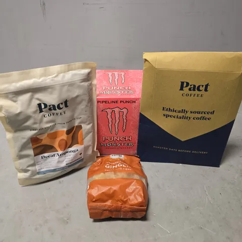 APPROXIMATELY 8 ASSORTED FOOD & DRINK ITEMS TO INCLUDE - MONSTER PIPELINE PUNCH , PACT COFFEE DECAF ARAPONGA , GINGER SWEET & FIERY ETC