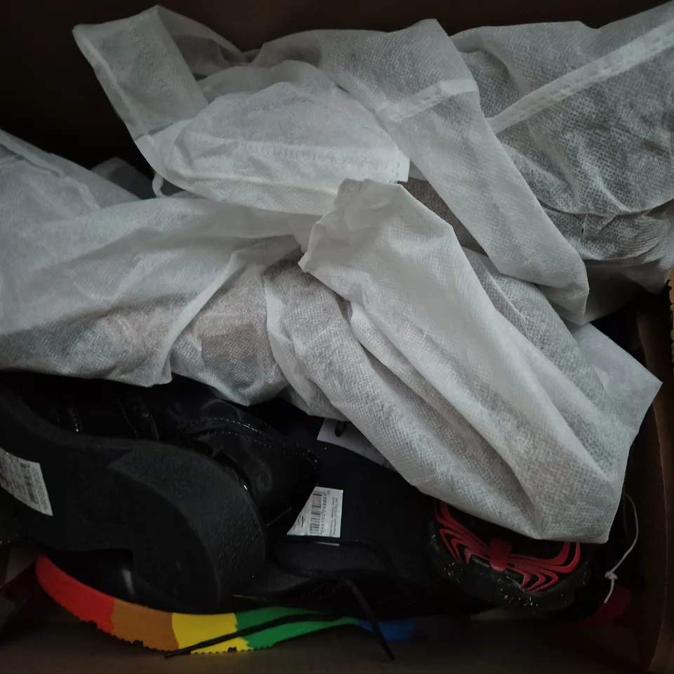 BOX OF APPROXIMATELY 5 ASSORTED PAIRS OF SHOES AND FOOTWEAR ITEMS IN VARIOUS COLOURS, STYLES, AND SIZES