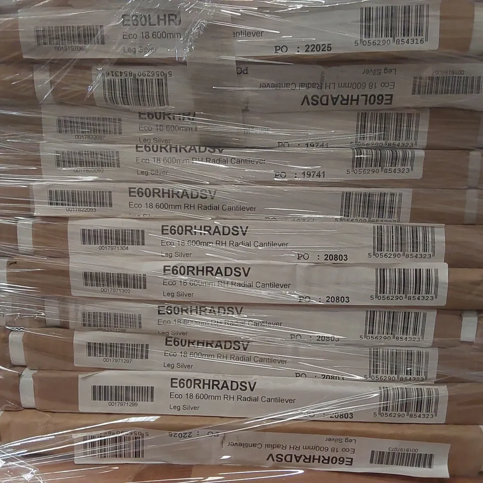 PALLET CONTAINING A LARGE ASSORTMENT OF BRAND NEW OFFICE FURNITURE PARTS TO INCLUDE: ECO 18 600MM RH RADIAL CANTILEVER LEGS, NOBO PREMIUM PLUS CLEAR ACRYLIC DESK DIVIDERS ECT 
