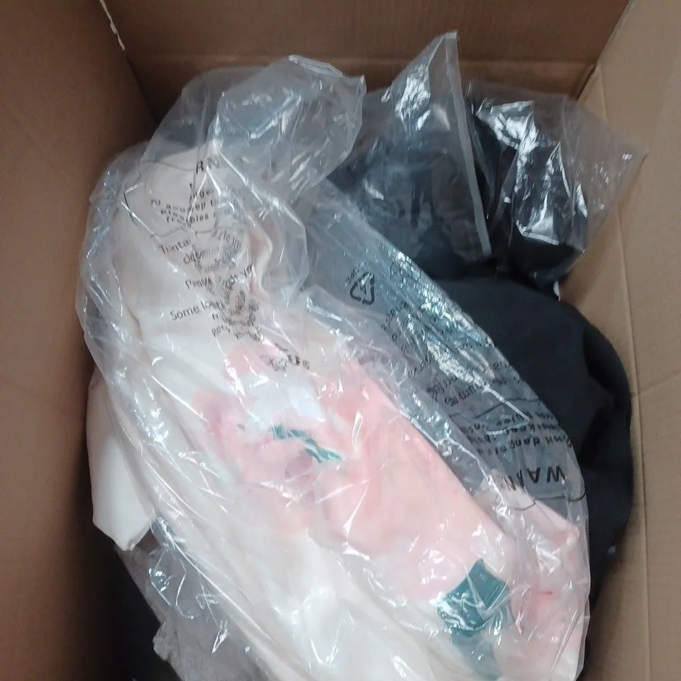 LARGE BOX OF APPROXIMATELY 25 ASSORTED CLOTHING ITEMS IN VARIOUS COLOURS, STYLES AND SIZES - COLLECTION ONLY