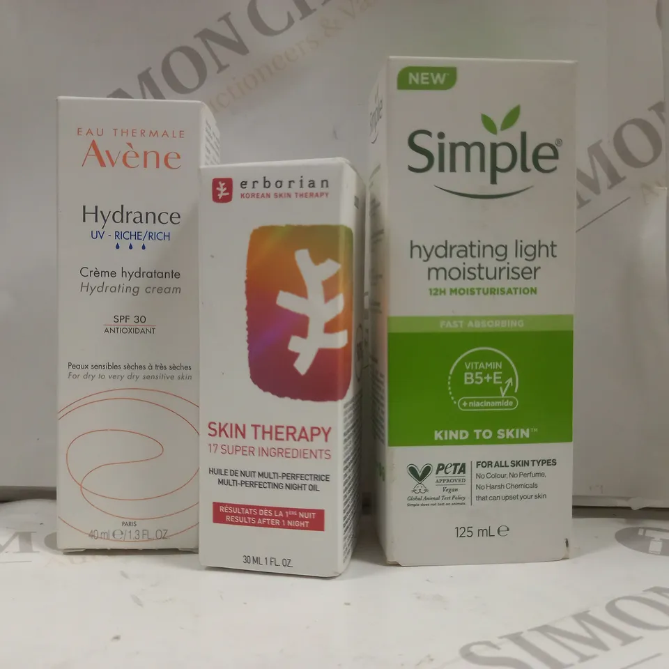 SIMPLE HYDRATING LIGHT MOISTURISER 125ML, AVENE HYDRATING CREAM 40ML, AND ERBORIAN SKIN THERAPY 30ML