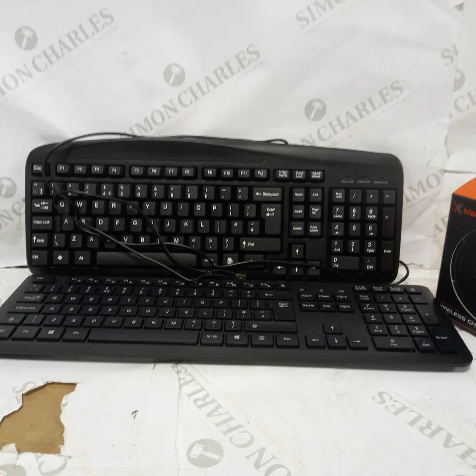 BOX OF APPROXIMATELY 3 PIECES OF TECH TO INCLUDE WIRELESS SILENT KEYBOARD, ONN WIRED KEYBOARD, BLACKWEB WIRELESS CHARGING PAD