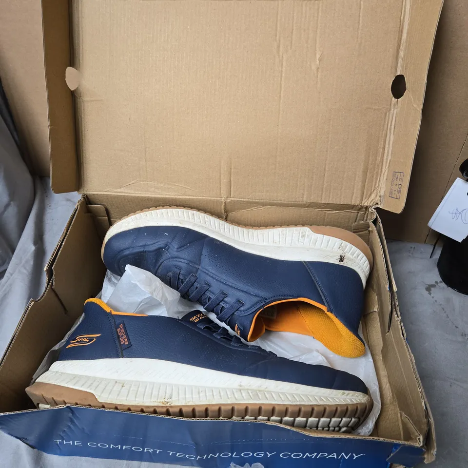 BOX OF ASSORTEDS CLOTHING ITEMS INCLUDING BLACK CROC-EMBOSSED HANDBAG WITH ZIP; NAVY SKECHERS TRAINERS