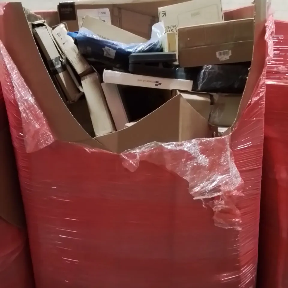 PALLET CONTAINING VARIOUS ASSORTED BOXED HOUSEHOLD ITEMS TO INCLUDE: SELECTION OF TOOLS, MOBILTY SCOOTER BAG, SMART BODY SCALE, WALL MOUNTED TV BRACKET AND LOTS MORE UNMARKED BOXED ITEMS 