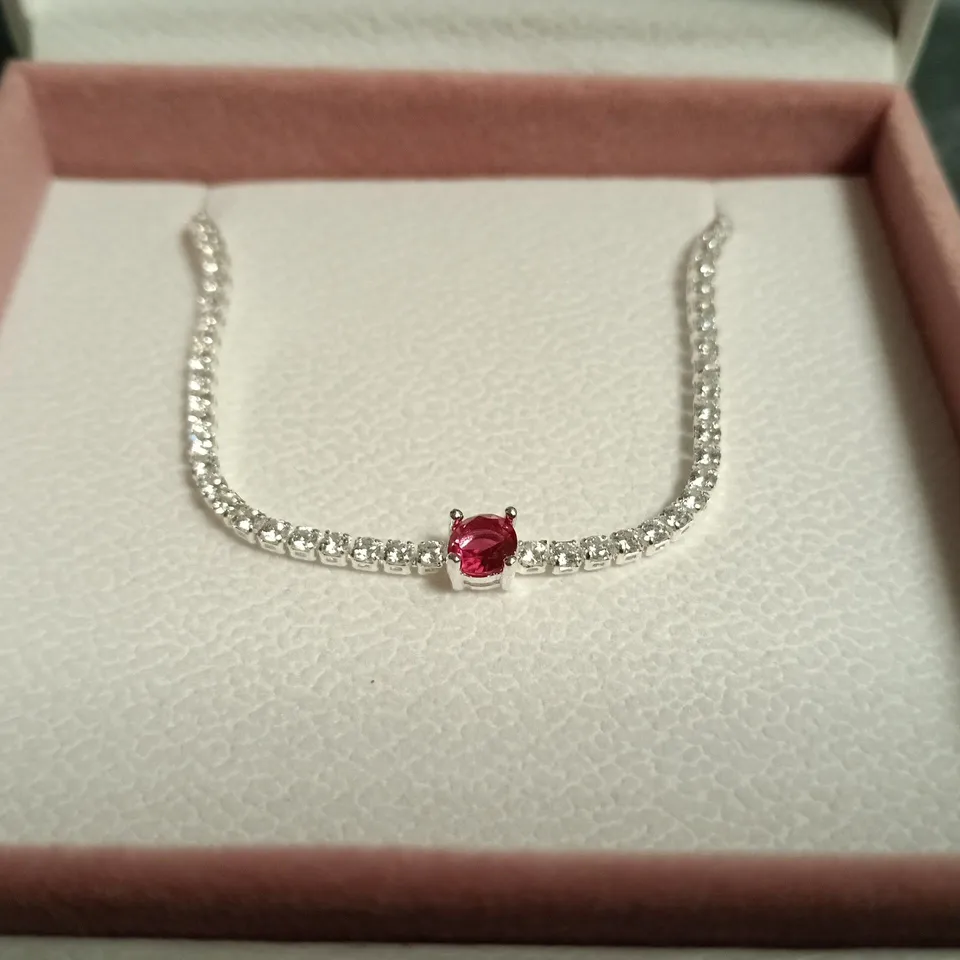 PANDORA SILVER-TONE BRACELET WITH RED GARNET CENTRE STONE AND PAVÉ CRYSTALS – BOXED