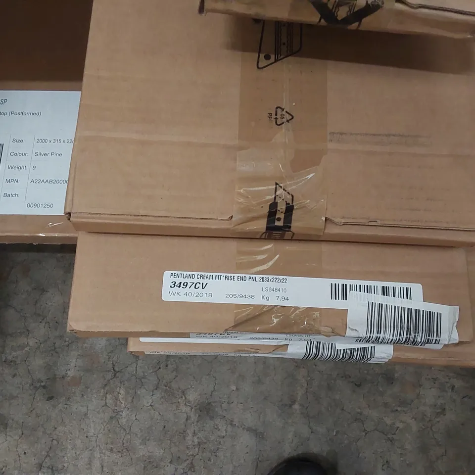 PALLET CONTAINING A LARGE QUANTITY OF BATHROOM PANELS INCLUDING: CALYPSO WORKTOP, PENTLAND CREAM PELMETS ECT