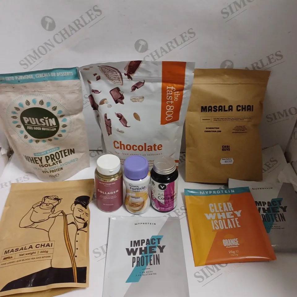 APPROXIMATELY 15 ASSORTED FOOD & HEALTH PRODUCTS TO INCLUDE IMPACT WHEY PROTEIN, MASALA CHAI TEA, ADVANCED COLLAGEN CAPSULES ETC 