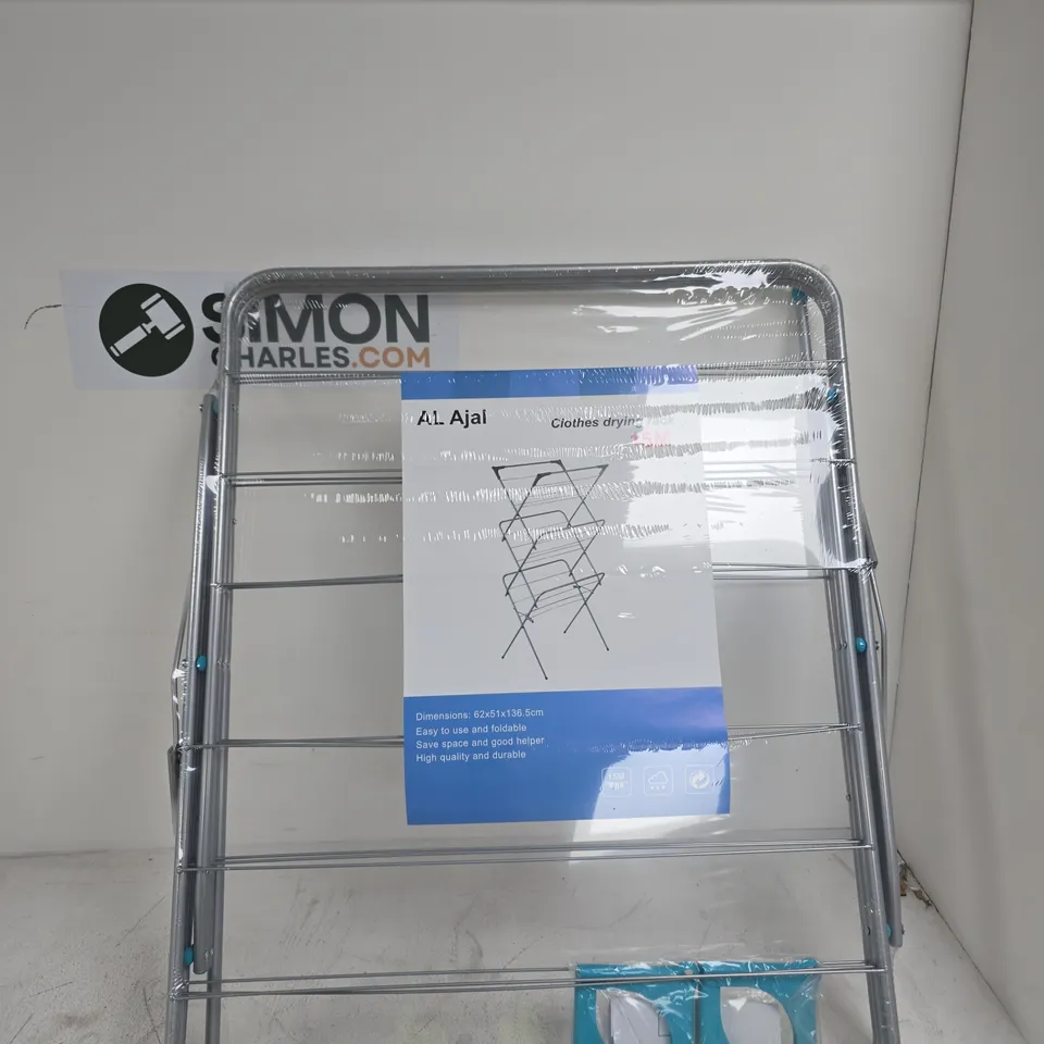 AL  AJAL FOLDABLE CLOTHES DRYING RACK – METAL FRAME WITH BLUE END CAPS, DIMENSIONS 62X51X136.5 CM