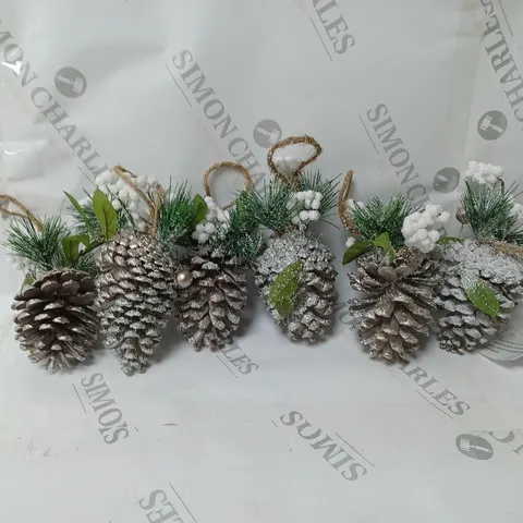SET 6 FROSTED PINECONE TREE ORNAMENTS