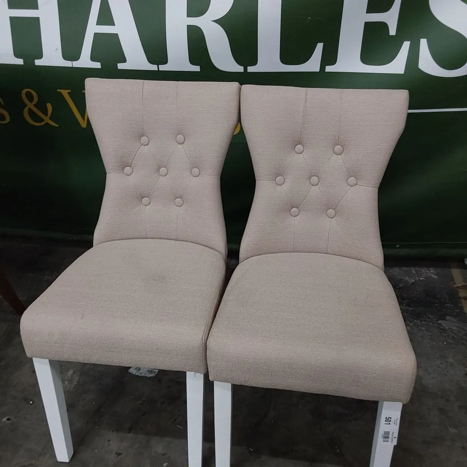 PAIR OF UPHOLSTERED BUTTONED BACK DINING CHAIRS BEIGE FABRIC ON WHITE PAINTED LEGS 