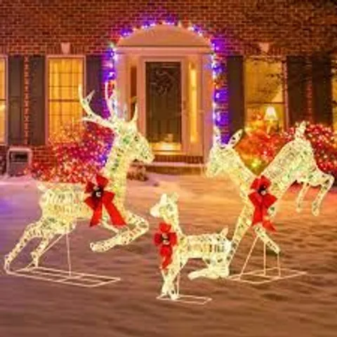 BOXED COSTWAY 3-PIECE LIGHTED CHRISTMAS REINDEER FAMILY WITH LED LIGHTS AND BOWS