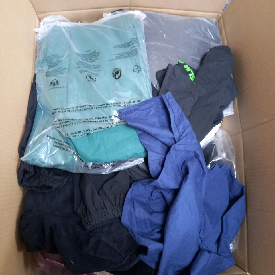 BOX OF ASSORTED CLOTHING ITEMS TOO INCLUDE JUMPERS, SHIRTS AND TROUSERS IN VARIOUS SIZES AND COLOURS