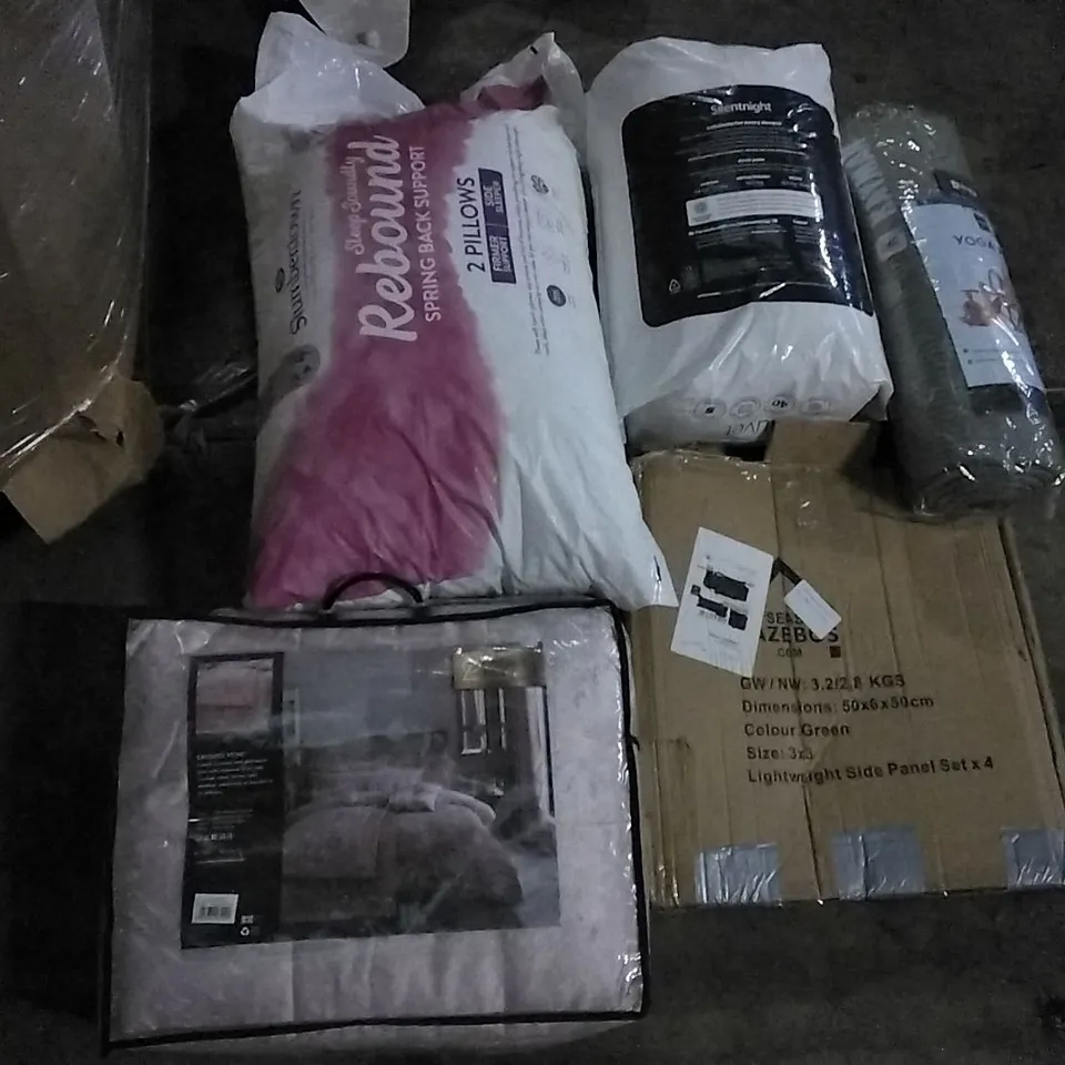 PALLET OF ASSORTED ITEMS INCLUDING SLUMBERDOWN PILLOWS, YOGA MAT, SILENTNIGHT DUVET, SIDE PANEL, CRUSHED VELVET BEDSPREAD