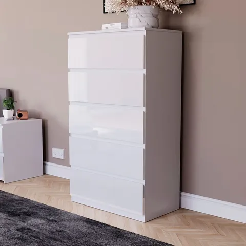 BOXED OSLO 5 DRAWER HIGH GLOSS CHEST, (FSC 100%) BEDROOM HOME STORAGE (2 BOXES)
