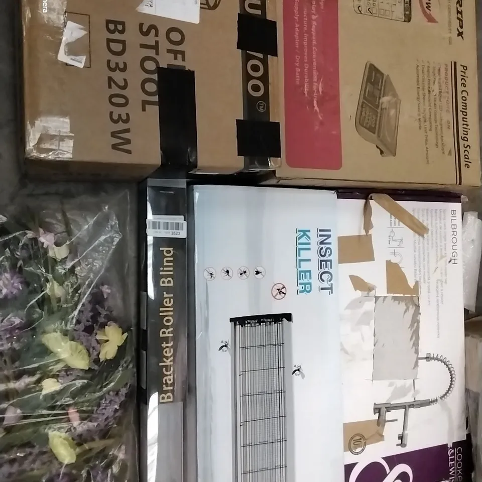 PALLET OF ASSORTED HOUSEHOLD ITEMS TO INCLUDE BOXED GAMING CHAIR, INSECT KILLER AND PRICE COMPUTING SCALE