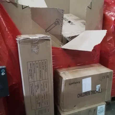PALLET OF ASSORTED HOUSEHOLD GOODS AND PRODUCTS TO INCLUDE;ELECTRIC TILLER,CHILDREN'S CYCLE,PLAYPEN