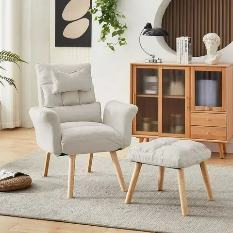 UPHOLSTERED SOFA & FOOTSTOOL CREAM FABRIC UPHOLSTERED 