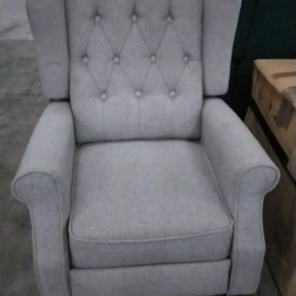 DESIGNER GREY FABRIC BUTTON BACK RECLINING ARM CHAIR