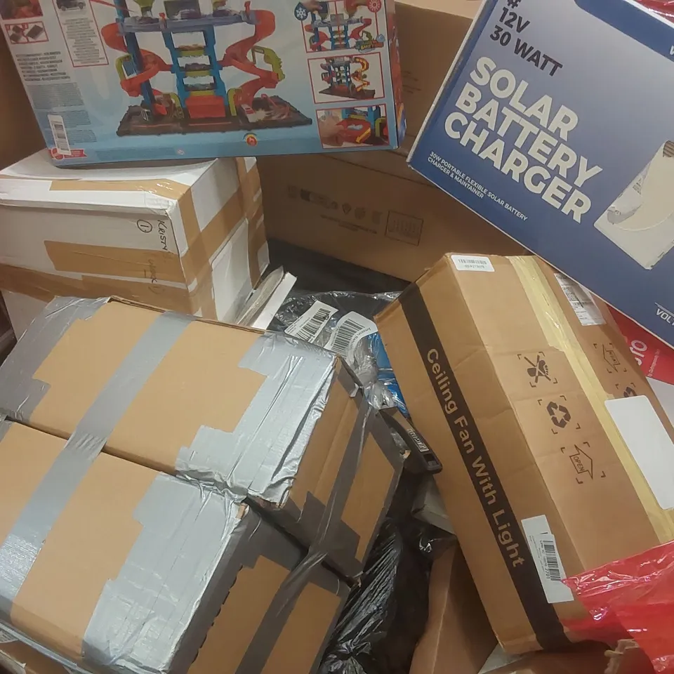 PALLET CONTAINING A LARGE QUANTITY OF ASSORTED ITEMS INCLUDING: HOT WHEELS COLOUR SHIFTER, CEILING FAN WITH LIGHT, SOLAR BATTERY CHARGER, NEVERSTICK PAN ECT