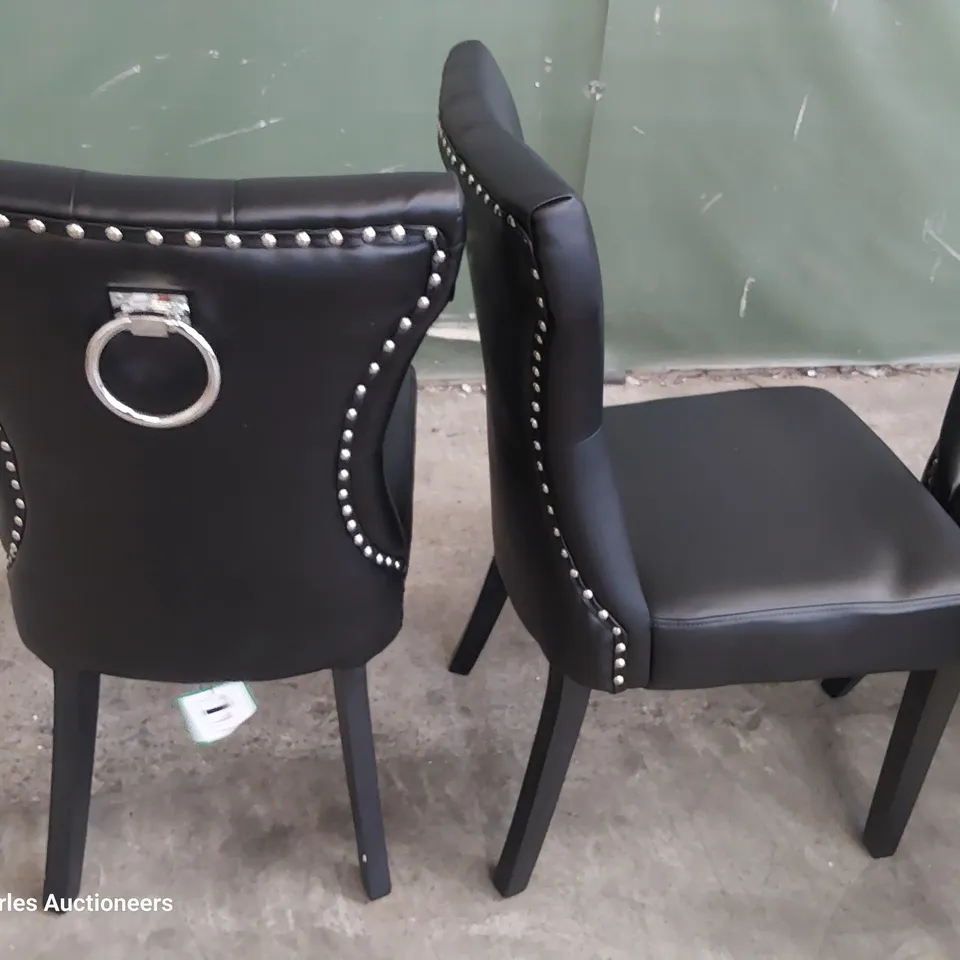 SET OF FOUR UPHOLSTERED BUTTONED RING BACK DINING CHAIRS BLACK PU ON BLACK LEGS 