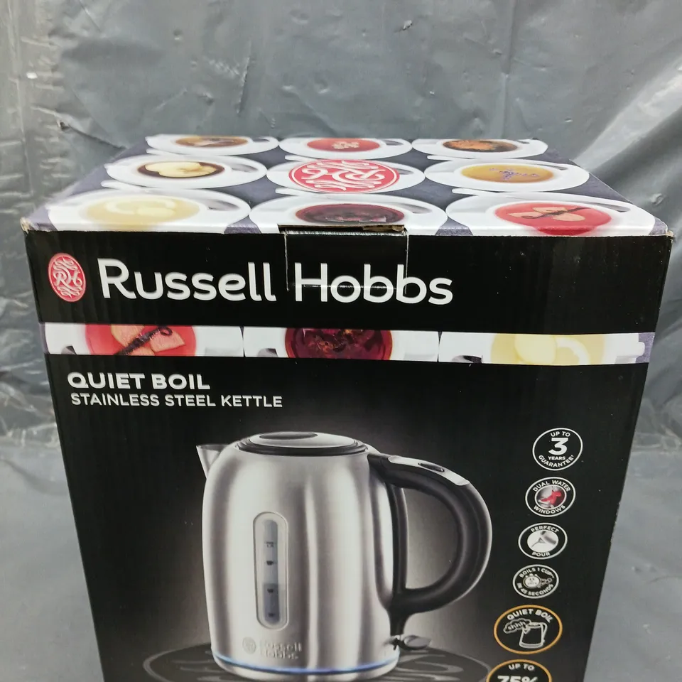 BOXED RUSSELL HOBBS QUIET BOIL STAINLESS STEEL KETTLE