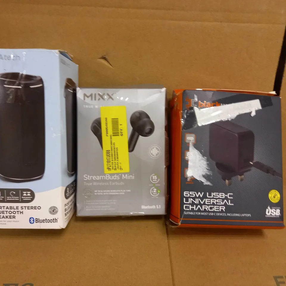 BOX OF APPROXIMATELY 20 ASSORTED ELECTRICAL ITEMS TO INCLUDE ASDA TECH PORTABLE STEREO BLUETOOTH SPEAKER, MIXX STREAMBUDS MINI TRUE WIRELESS EARBUDS, BLACKWEB 65W USB-C UNIVERSAL CHARGER, ETC