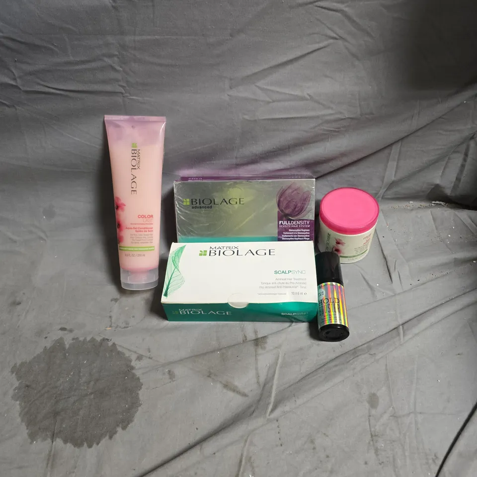 APPROXIMATELY 12 MATRIX BIOLAGE HAIR CARE PRODUCTS INCLUDING SCALPSYNC HAIR TREATMENT/FULL DENSITY HAIR SYSTEM/COLOR LAST MASK/COLOR LAST ORCHID AQUA GEL CONDITIONER