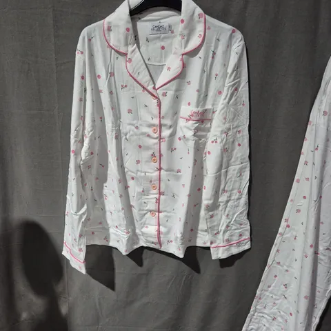 WOMEN'S PAJAMA SET – WHITE WITH PINK FLORAL PRINT AND PINK PIPING SIZE M