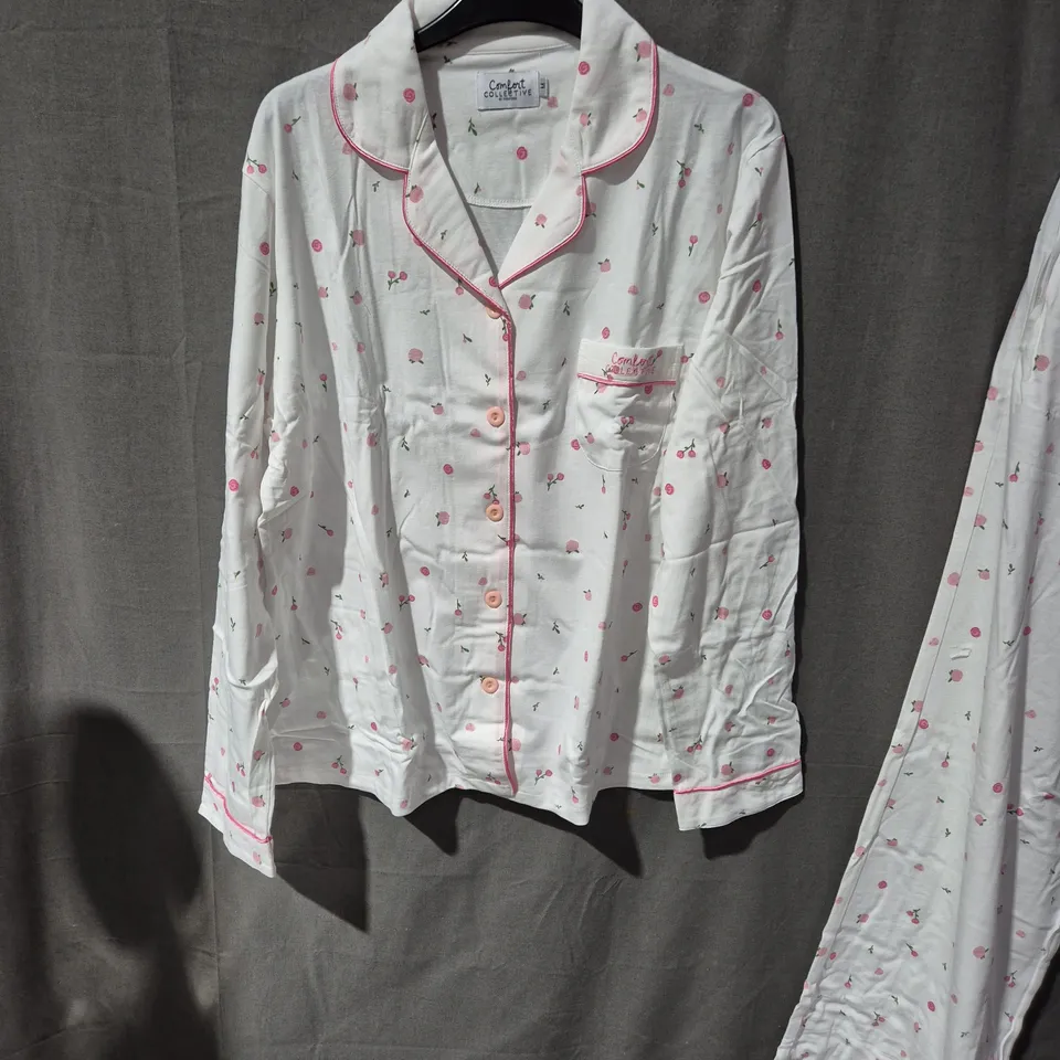 WOMEN'S PAJAMA SET – WHITE WITH PINK FLORAL PRINT AND PINK PIPING SIZE M