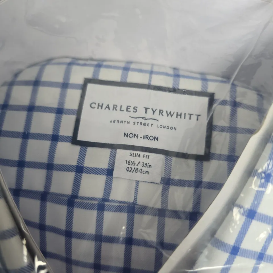 BAGGED CHARLES TYRWHITT NON-IRON SLIM FIT CHECK SHIRT – BLUE & WHITE, COLLAR 16.5 IN, SLEEVE 33 IN