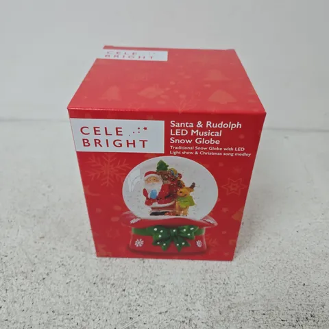 BOXED CELEBRIGHT SANTA & RUDOLPH LED MUSICAL SNOW GLOBE