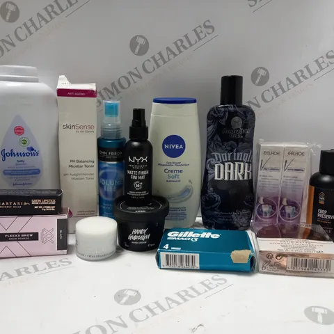 BOX OF APPROX 10 ASSORTED BEAUTY PRODUCTS TO INCLUDE ANASTASIA BEVERLY HILLS LIPSTICK #DUSTY ROSE, NYX MAT FINISH SETTING SPRAY, JOHNSONS BABY POWDER, ETC