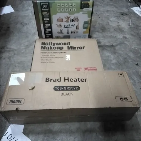 PALLET OF HOUSEHOLD ITEMS TO INCLUDE SPOTLIGHT, GIGI BUILDING BLOCKS, HOLLYWOOD MAKEUP MIRROR,  BRAD HEATER AND OTHER ASSORTED ITEMS...