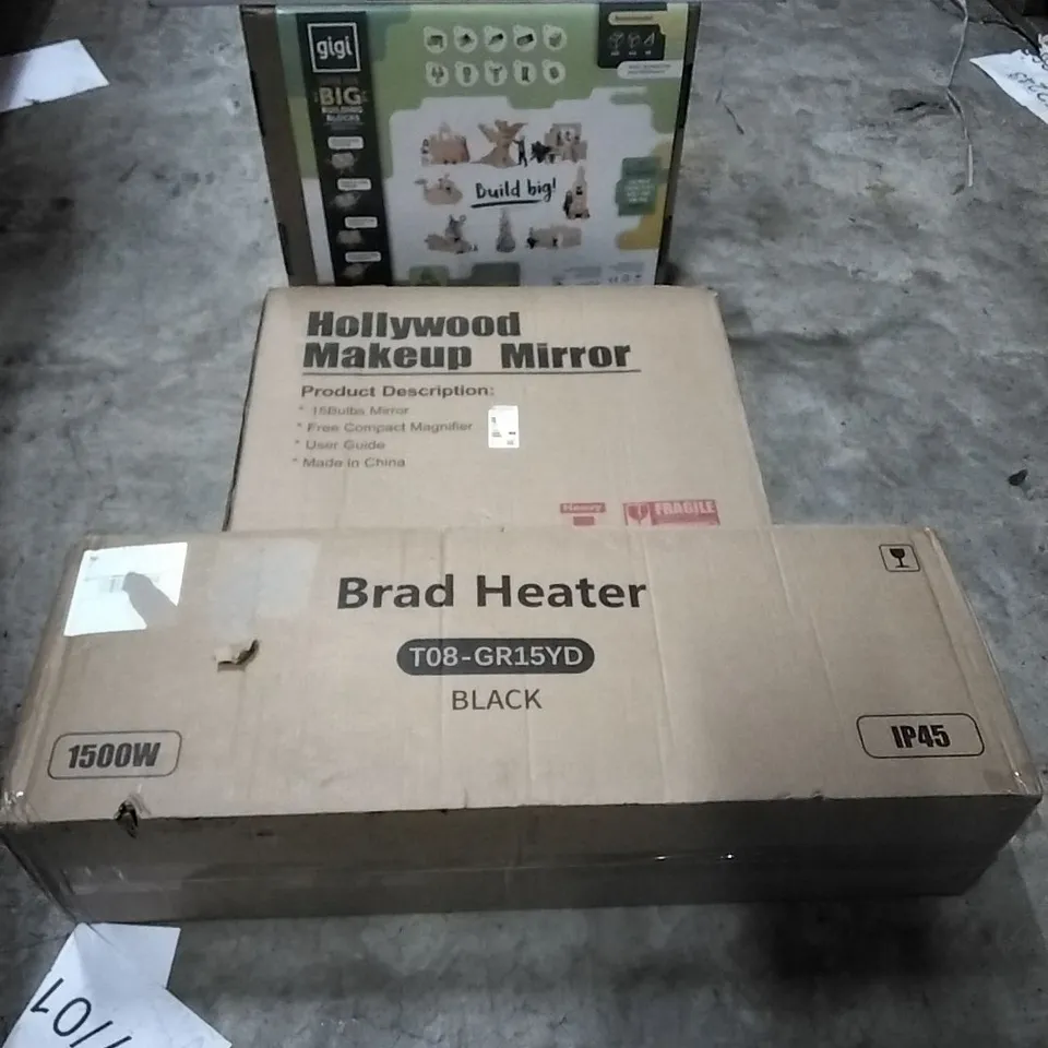 PALLET OF HOUSEHOLD ITEMS TO INCLUDE SPOTLIGHT, GIGI BUILDING BLOCKS, HOLLYWOOD MAKEUP MIRROR,  BRAD HEATER AND OTHER ASSORTED ITEMS...