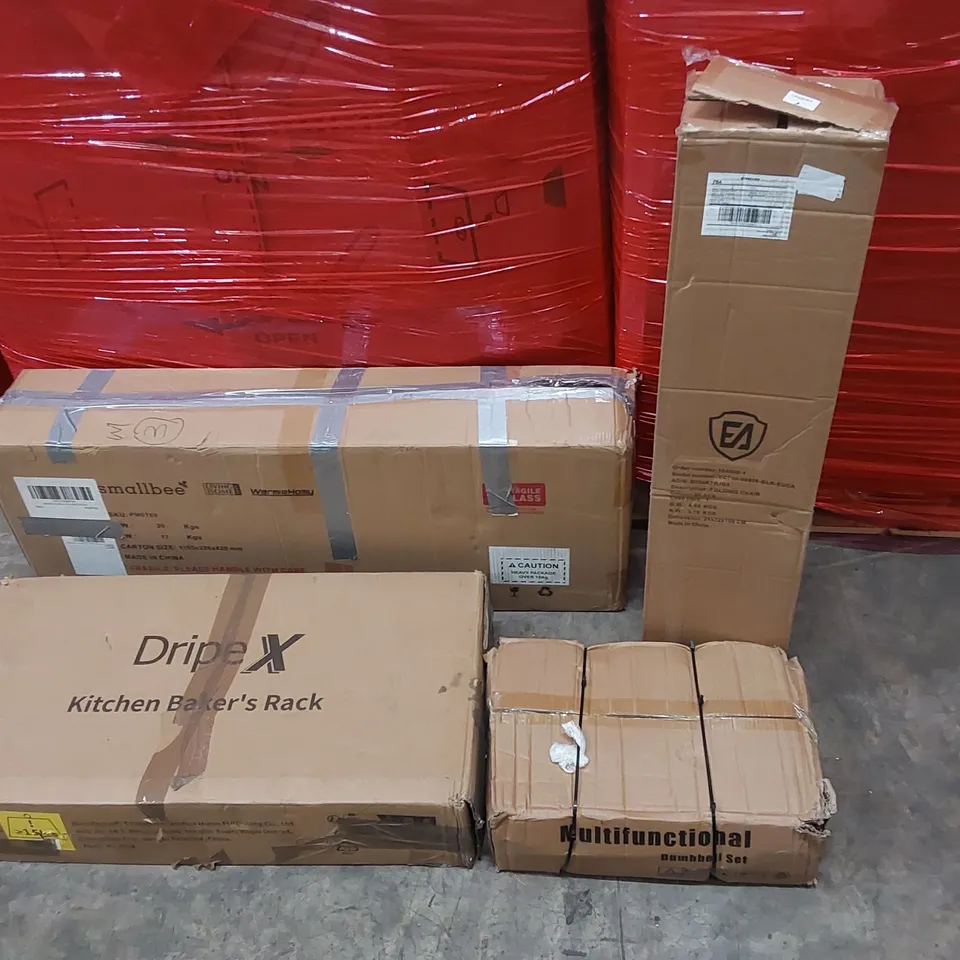 PALLET OF ASSORTED CONSUMER PRODUCTS TO INCLUDE: ELECTRIC FIRE, KITCHEN BAKERS RACK, FOLDING CHAIR, MULTIFUNCTIONAL DUMBELL SET ECT