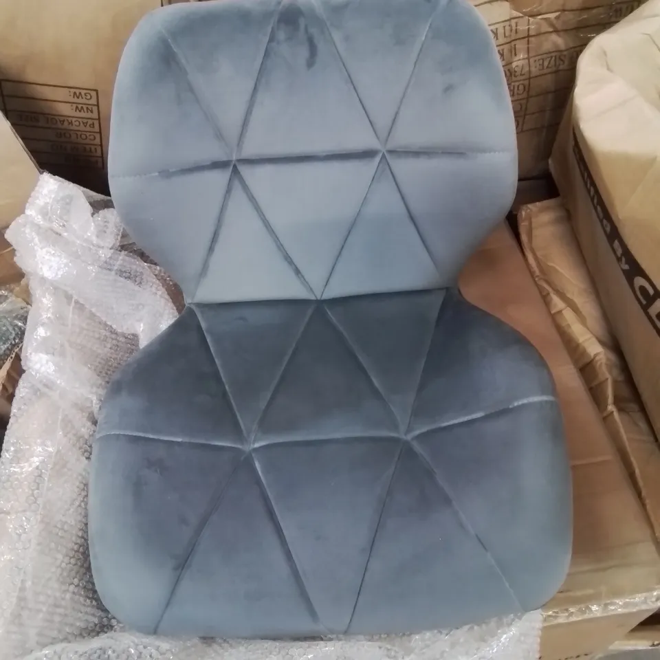 A BOXED PAIR OF GREY VELVET UPHOLSTERED KITCHEN/BREAKFAST BAR STOOLS