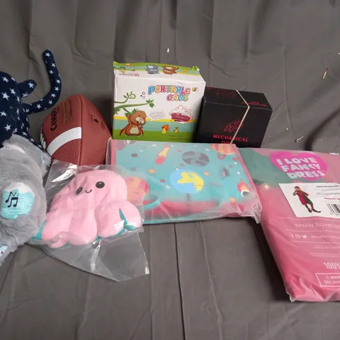 LARGE BOX OF ASSORTED TOYS AND GAMES TO INCLUDE TEDDIES, FANCY DRESS COSTUMES AND AMERICAN FOOTBALL