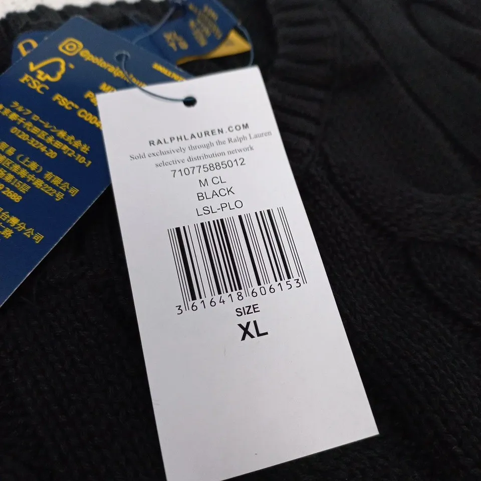 POLO RALPH LAUREN BLACK KNIT SWEATER – CABLE & LOGO – XL