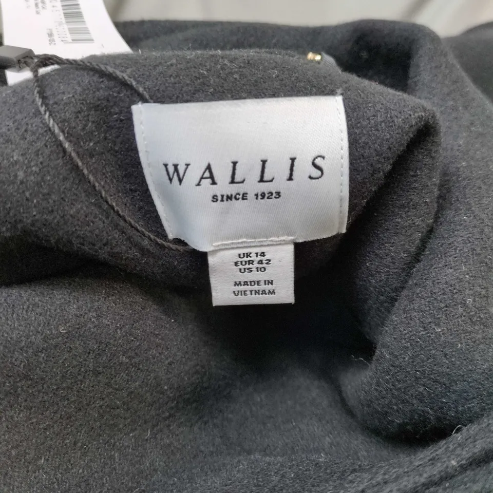 WALLIS WOMEN’S BLACK COAT, UK 14 (EU 42, US 10) BELTED WITH WOODEN BUTTONS