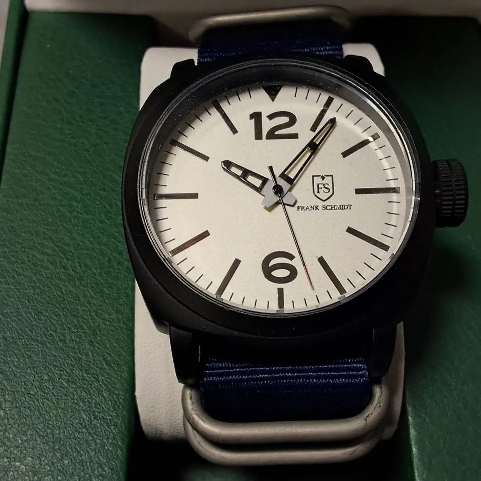 FRANK SCHMIDT STAINLESS STEEL WHITE FACED GENTS WATCH WITH BLUE FABRIC STRAP