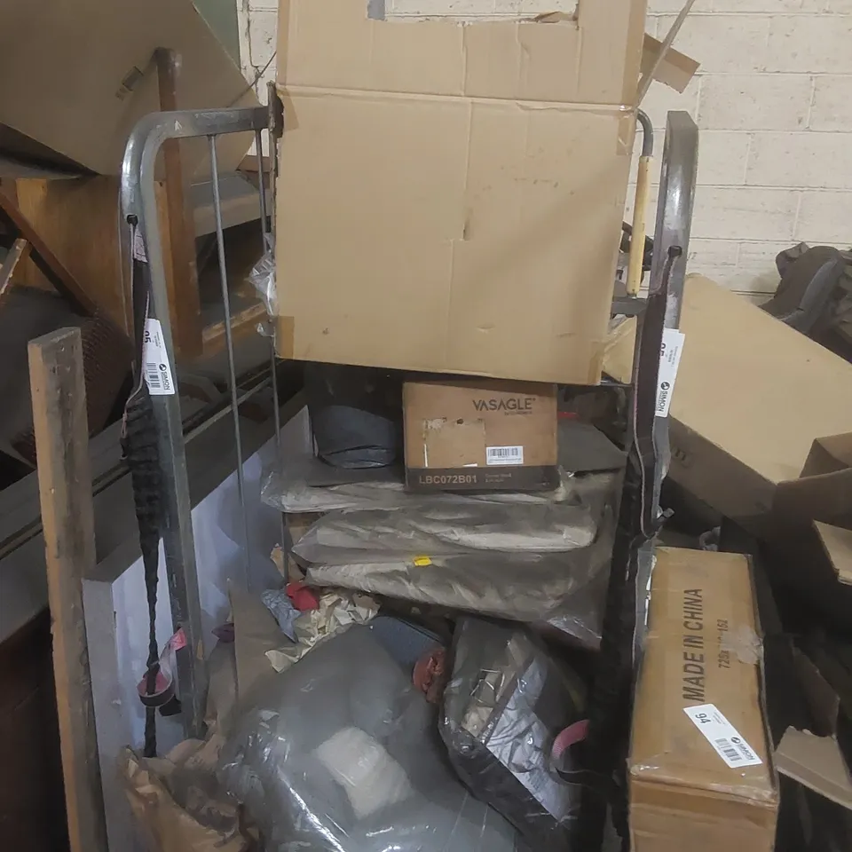 CAGE CONTAINING A LARGE QUANTITY OF ASSORTED ITEMS INCLUDING: CORNER SHELF, CUSHIONS ECT // CAGE NOT INCLUDED