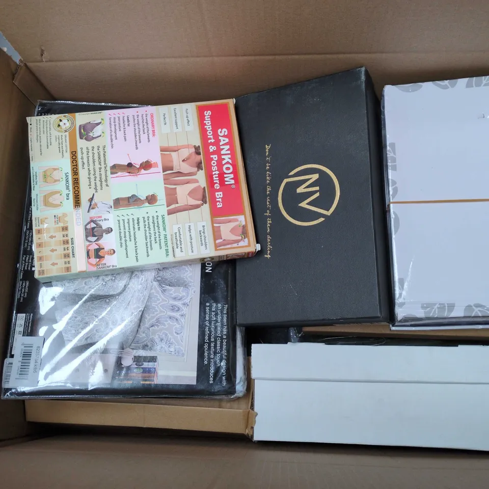 LARGE BOX OF 10 ASSORTED SHOES AND CLOTHING ITEMS COMING IN DIFFERENT SIZES AND COLOURS 